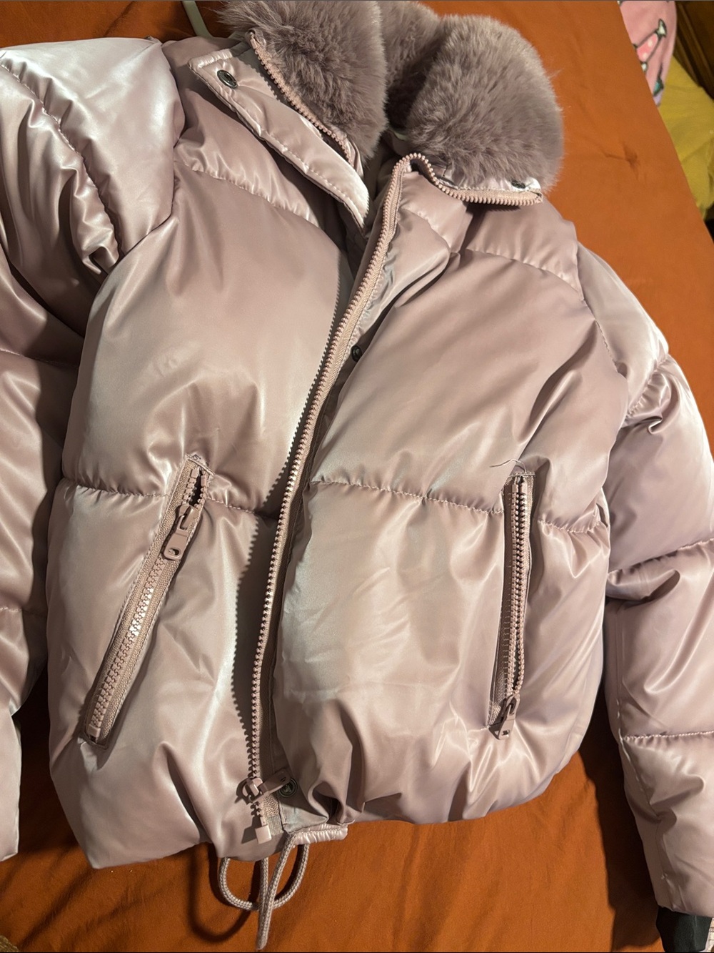 Snobbish Collection Women's Dusty Pink Faux-Fur Collar Puffer Jacket - Picture 12 of 12